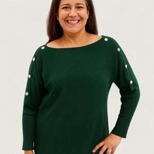 Elegant Jeweled Shoulder Sweater Tight Knit Pullover Soft Boatneck Green size L